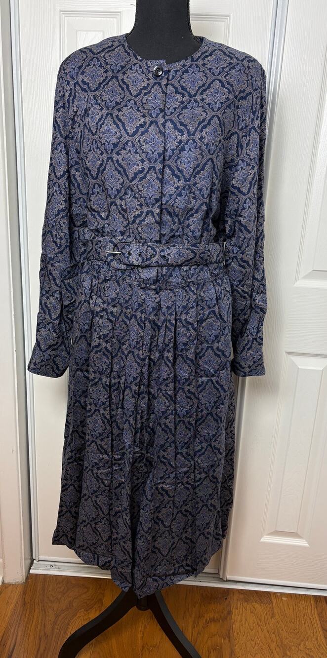 Vintage Belted Orvis Maxi Midi Pleated Dress 16 L Blue Purple
